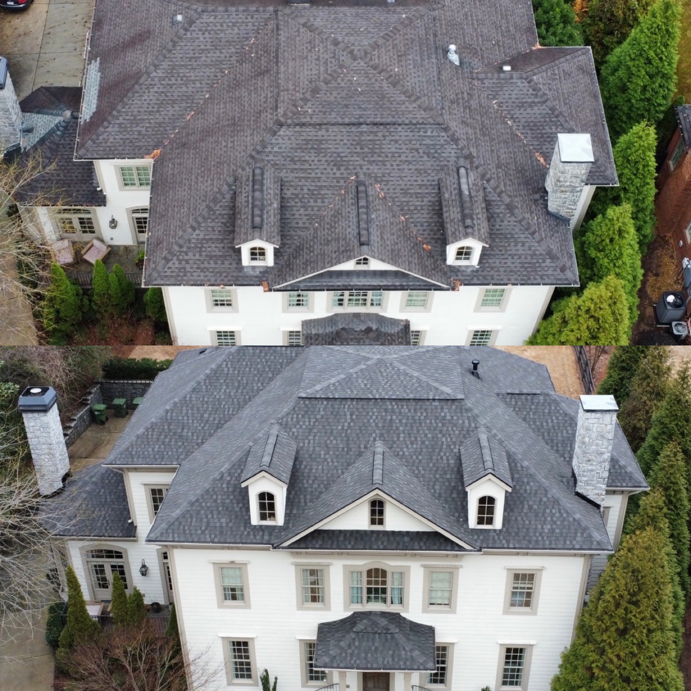 Drone inspection photo showing roof condition before roofing work