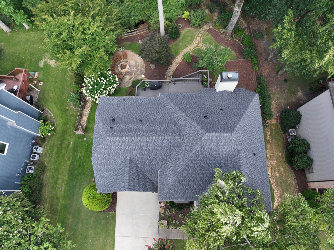 Top-down drone photo of completed Suwanee GA roof replacement